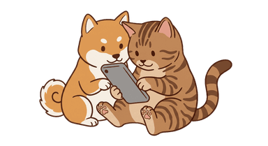 2人でスマホを一緒に見る犬と猫のイラスト